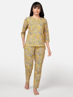 Women'S Floral Print  Cotton Yellow Night Suit Set