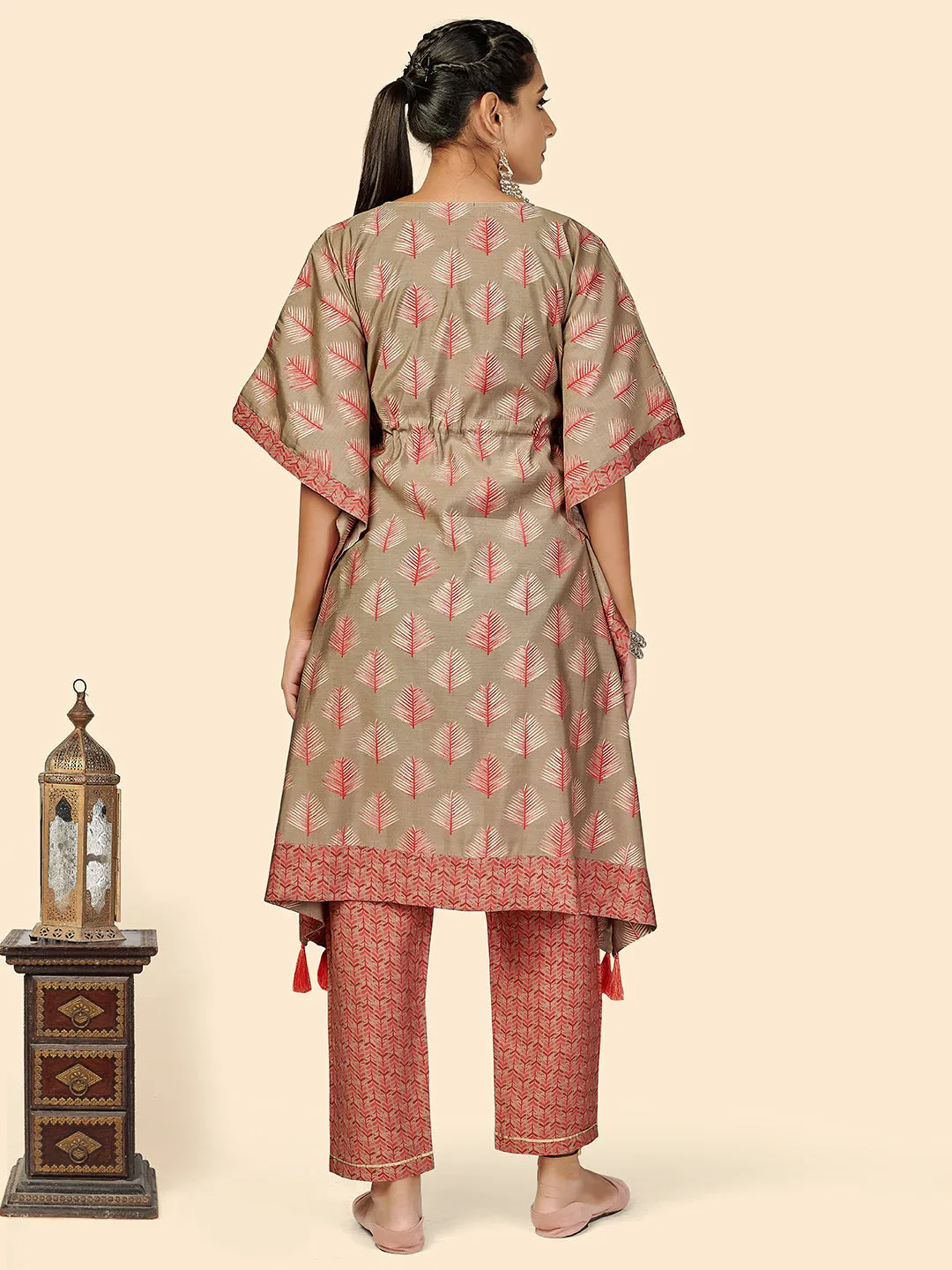 Women'S Foil Print  Muslin Olive Green Stitched Kaftan Kurta With Pant Set