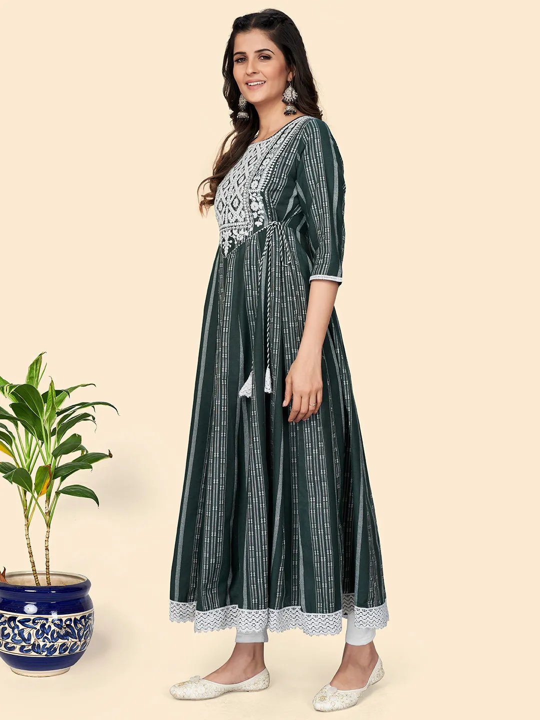 Women'S Print & Embroidered Anarkali Cotton Green Stitched Kurta