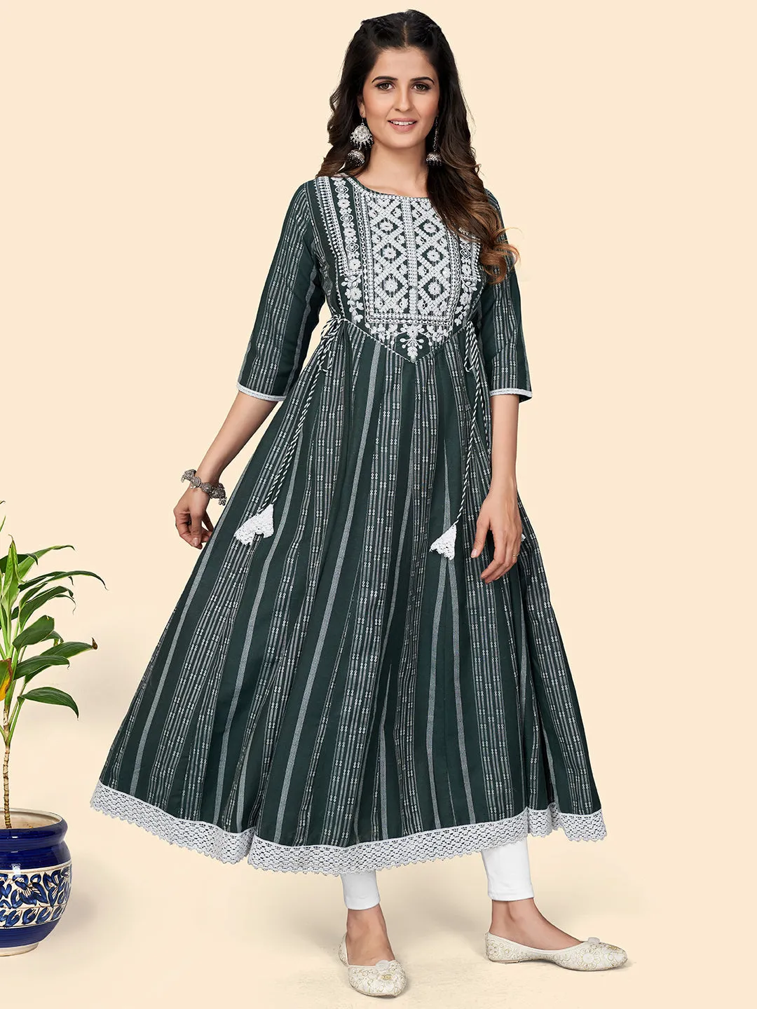 Women'S Print & Embroidered Anarkali Cotton Green Stitched Kurta