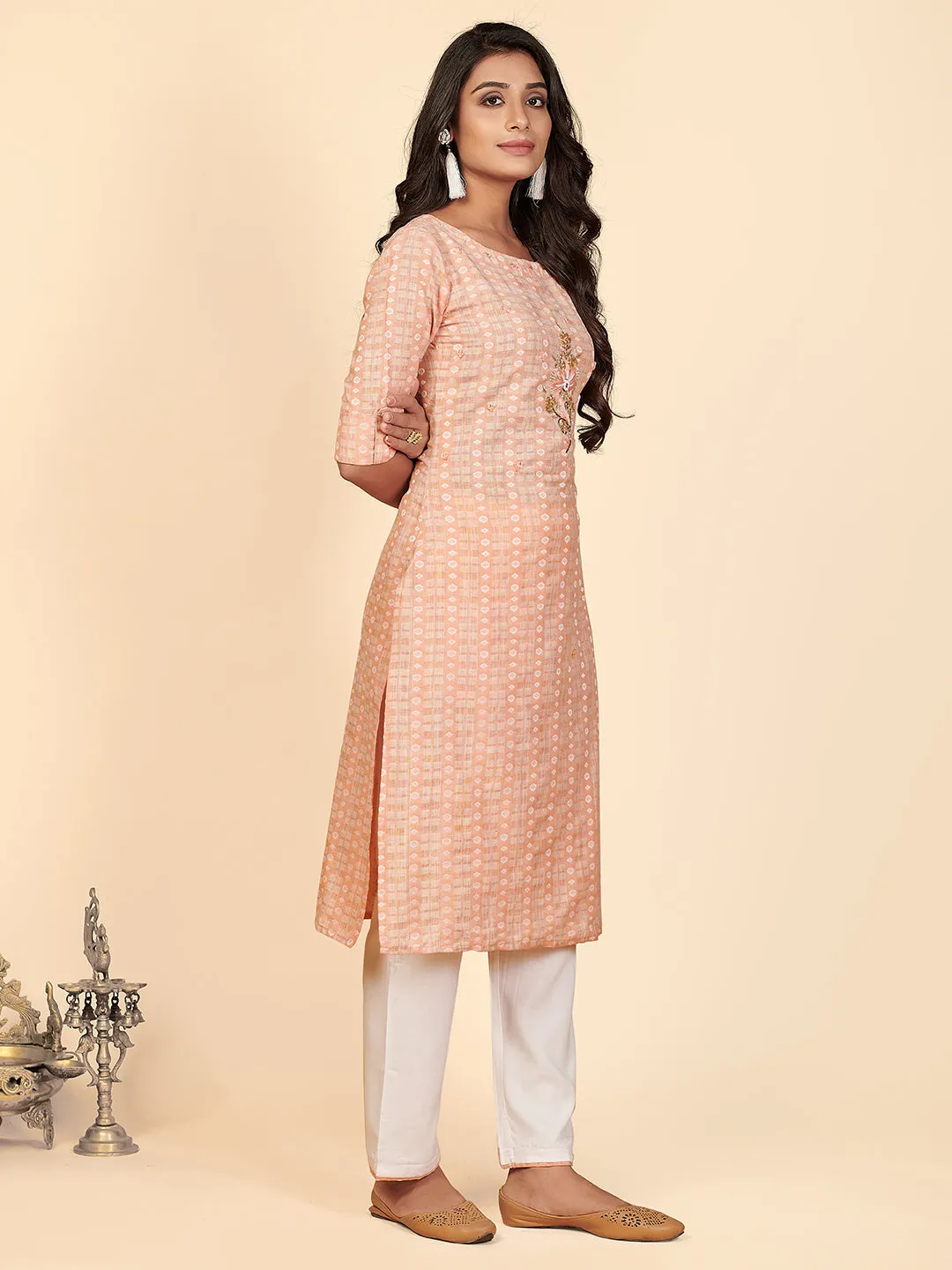 Women'S Printed & Hand Work Straight Cotton Orange Stitched Kurta Pant With Dupatta