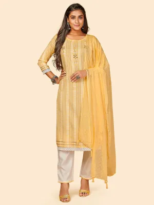 Women'S Printed & Hand Work Straight Yarn Dyed Yellow Stitched Kurta Pant With Dupatta