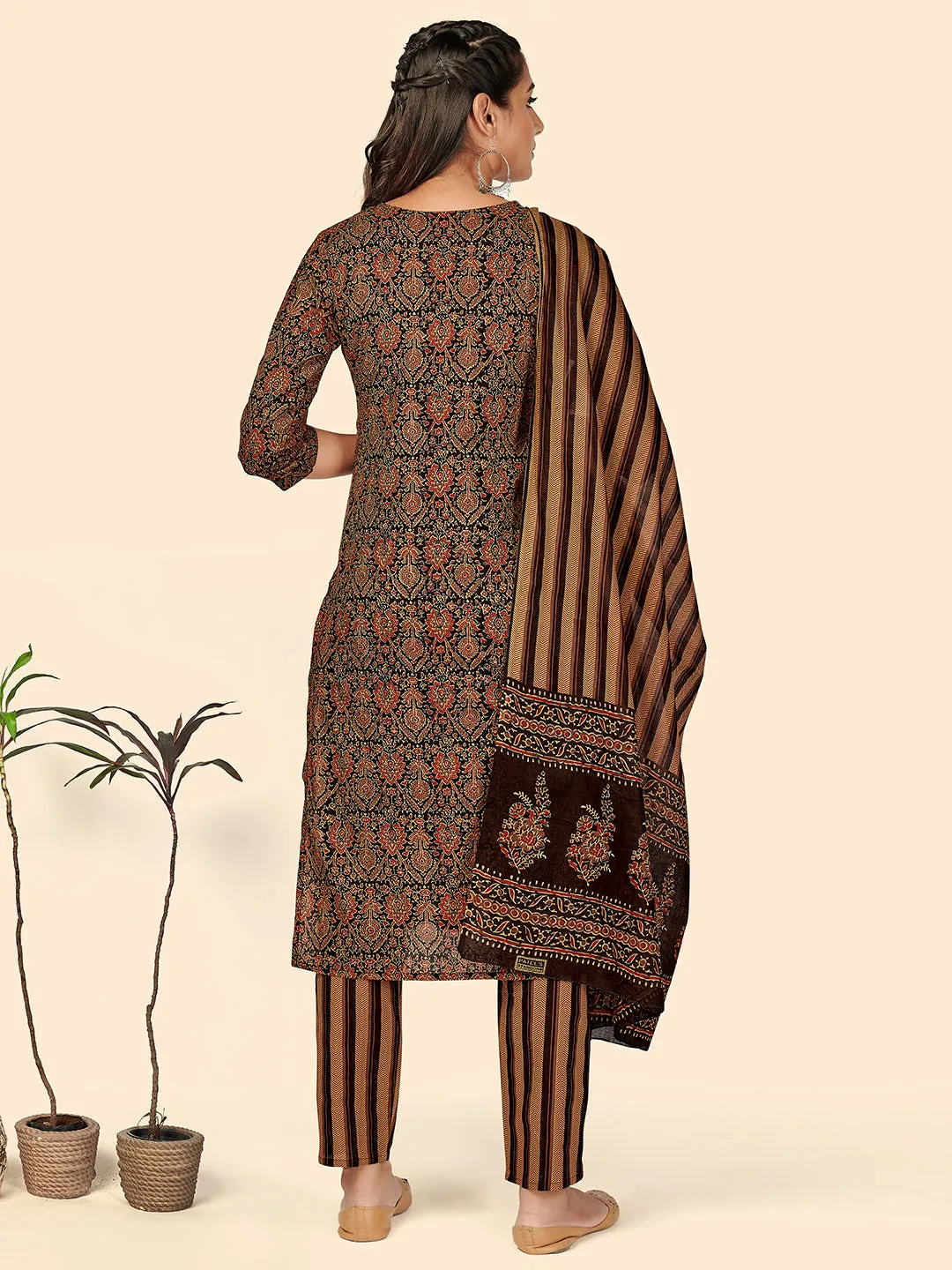 Women'S Sequience Straight Cotton Brown Stitched Kurta Pant With Dupatta