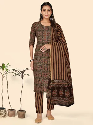 Women'S Sequience Straight Cotton Brown Stitched Kurta Pant With Dupatta